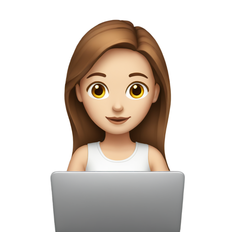 genmoji : Fille blanche aux cheveux bruns travaillant sur un ordinateur portable