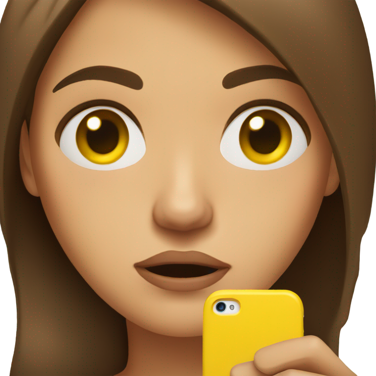 genmoji：棕发女子拿着黄色iPhone，情绪极差，嘴角下垂。