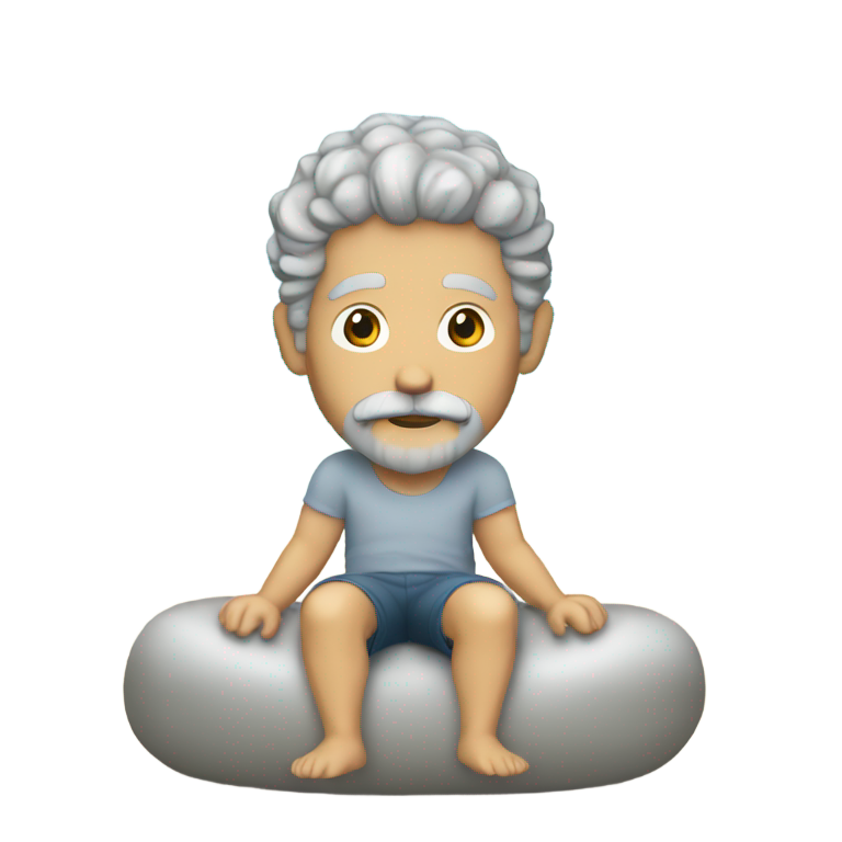 genmoji：白人男子，短卷灰发，留胡须和小胡子，坐在海滩上。