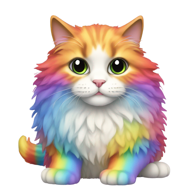 絵文字：レインボーのふわふわ猫がレインボーに座っている