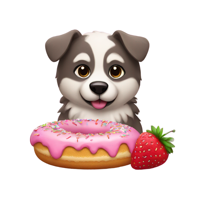 絵文字：太った犬の赤ちゃんとアライグマが、ストロベリーフロストとスプリンクルのドーナツを食べて楽しんでいます。