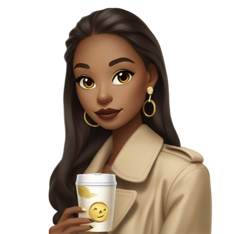 genmoji：一位时尚的Z世代女孩，淡雅妆容，手持透明杯冰抹茶，身穿米色风衣，佩戴金饰。她留着深棕色长发，画着猫眼眼线，戴着AirPods。