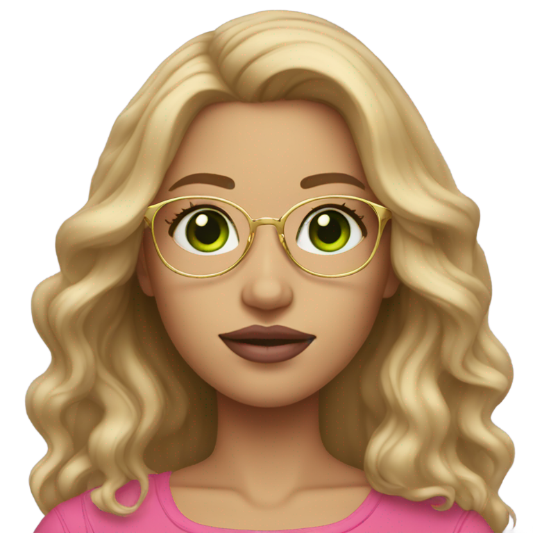 genmoji：深金色长发分层女孩，绿眼睛，金色眼镜，粉唇，浅肤色