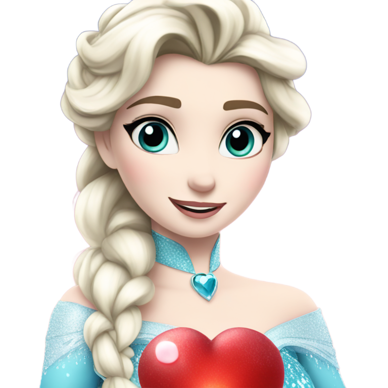 genmoji : Elsa tenant un cœur rouge lumineux, fond de neige et de glace.