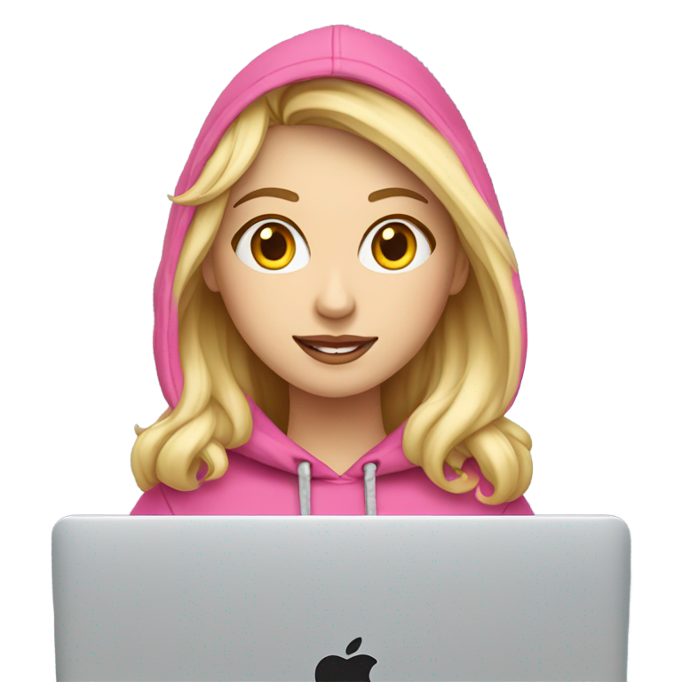 genmoji : Une webdesigner blonde glacée, portant une sweats à capuche rose devant un MacBook, avec un léger maquillage.
