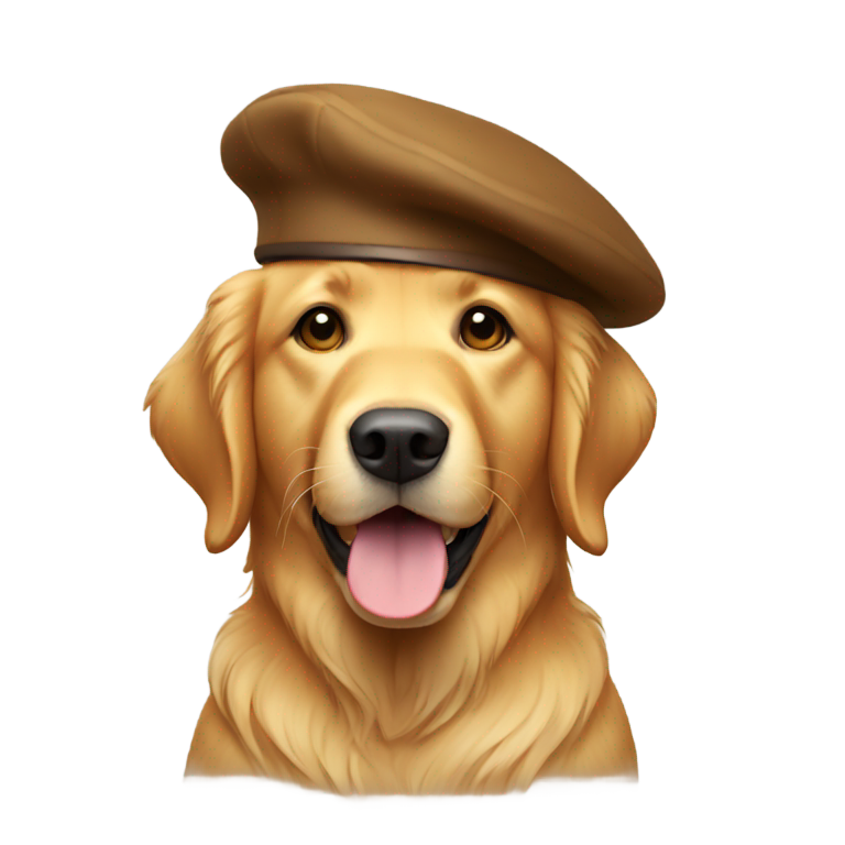 genmoji：一只戴着棕色贝雷帽的黄色金毛寻回犬。