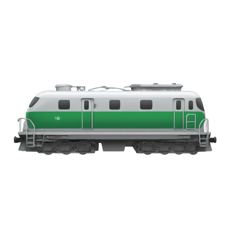 genmoji: side view of grey train with white and green front
