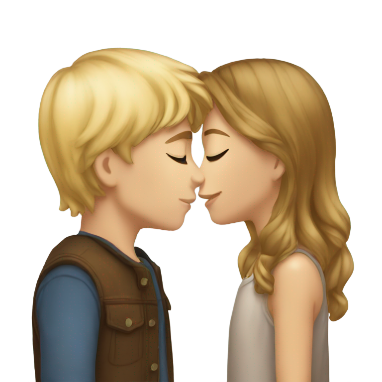 絵文字：金髪の背の高い少年が、きれいな茶髪の少女にキスをしている