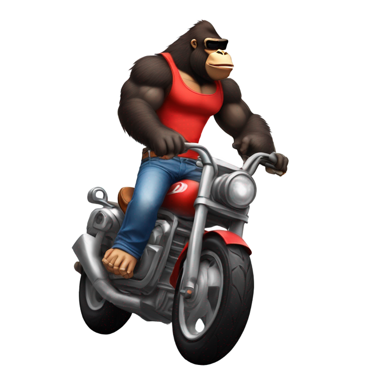 genmoji: a nintendo style gorilla like donkey kong but with a white tank top and jeans for pants with a red bandana around his head and stylish shades, make him riding a motorcycle