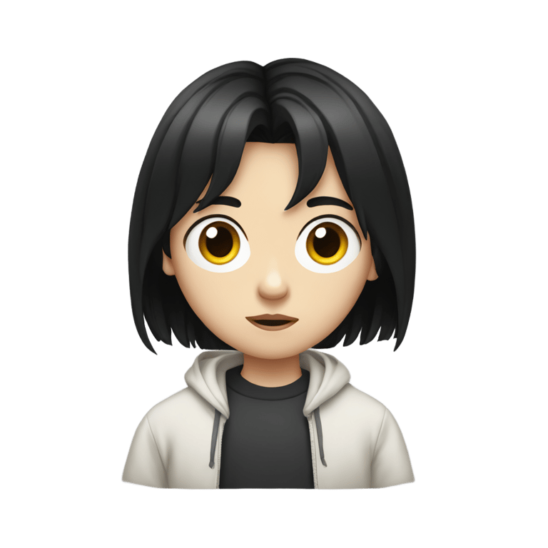 genmoji : white skin, black straight hair, young thin kid, confused look