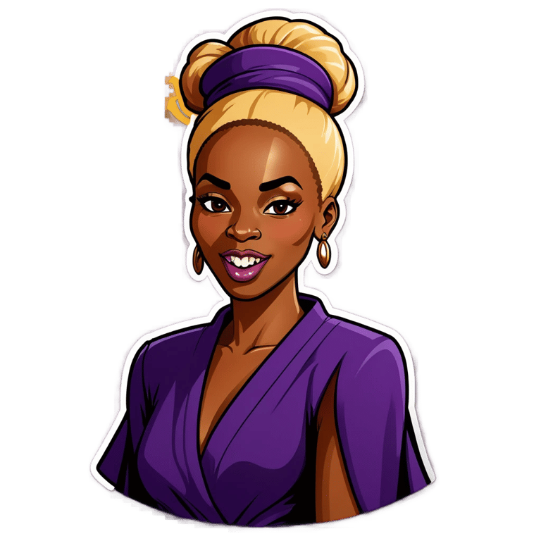 genmoji : Femme africaine en robe violette, cheveux blonds en chignon et bouche pleine de sperme.
