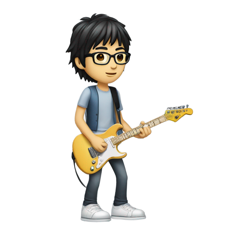 genmoji：银色电吉他全身像，亚洲男子弹奏，黑发白肤，戴眼镜，直发短发。