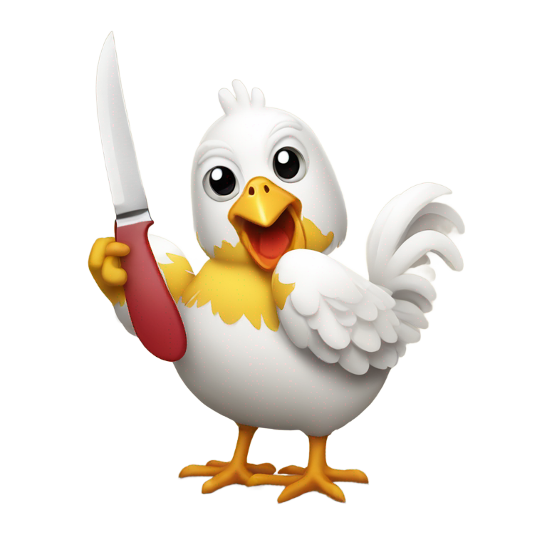 genmoji : Un poulet menacé avec un couteau