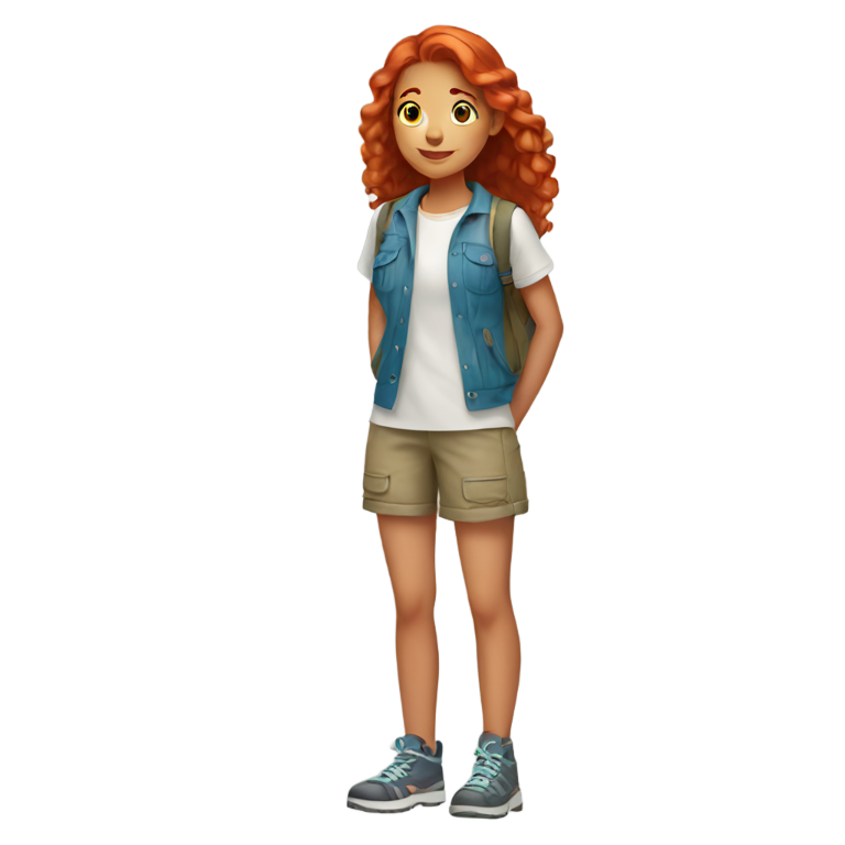genmoji：16岁红发女孩穿着露营装备，全身照