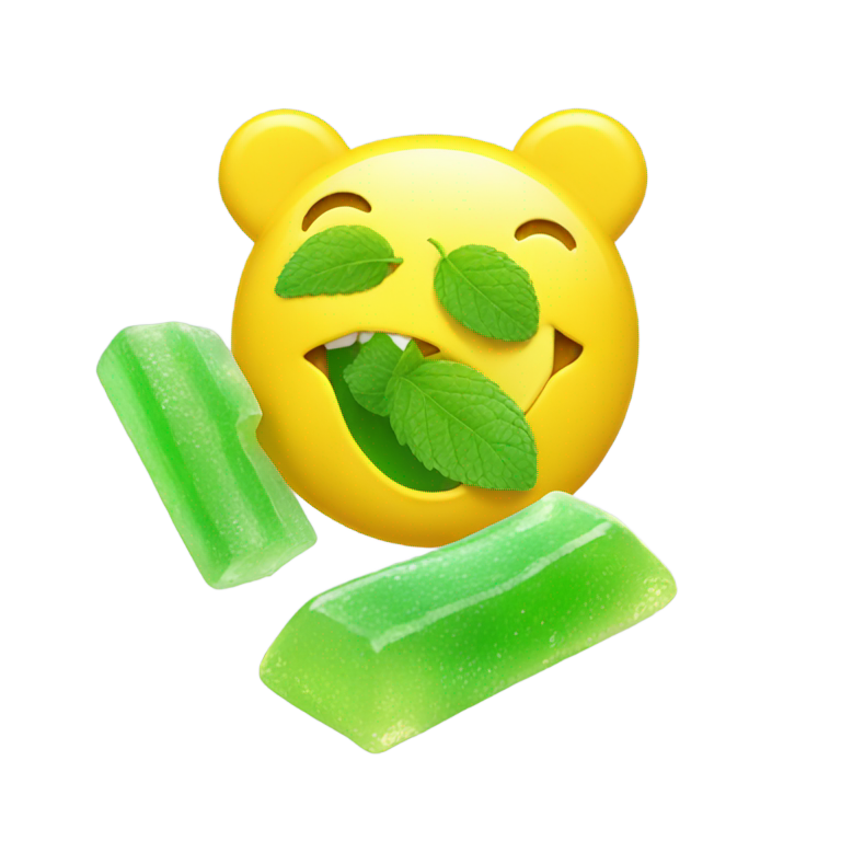 genmoji：Yellow smiley face eating a single mint gummy bear