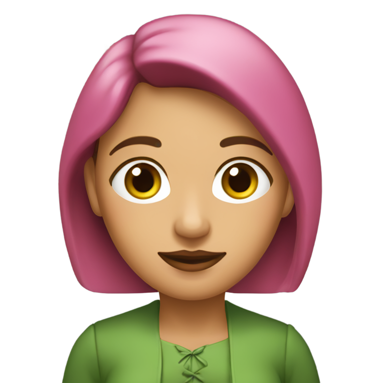 genmoji : Femme latine, cheveux longs lisses châtains, yeux verts, vêtue de rose avec une béret rose.