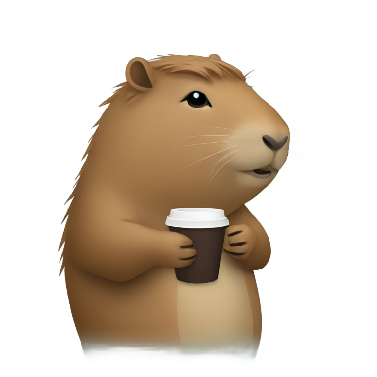 絵文字：カピバラが雨の中でコーヒーを飲んでいます。