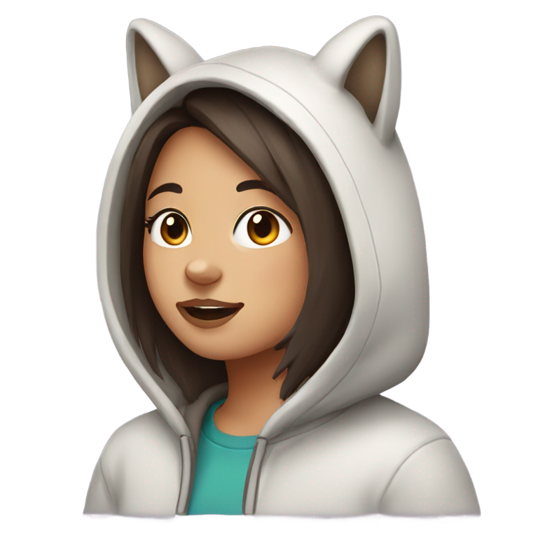 genmoji：深棕色头发、兔牙、狼剪发型、穿着连帽衫的女孩