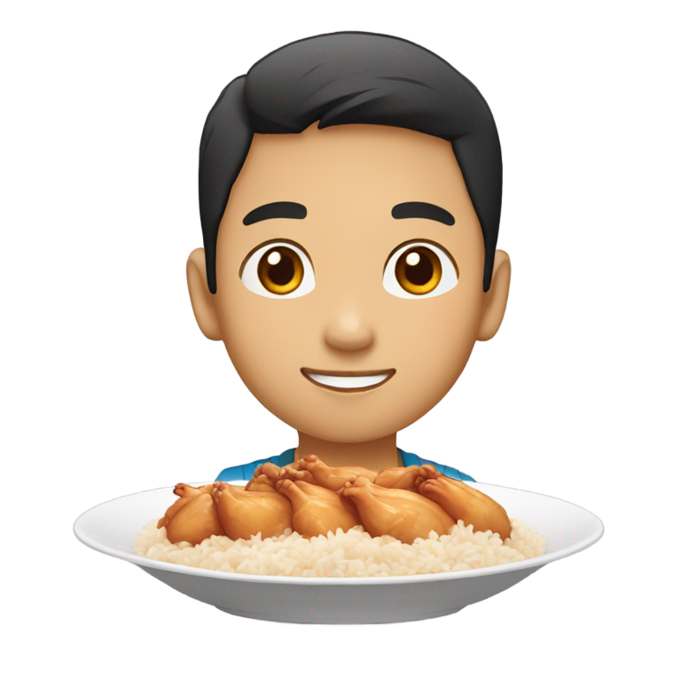 絵文字：カラメル色の肌のアジア人少年が、鶏肉とご飯の載った皿を持っている。
