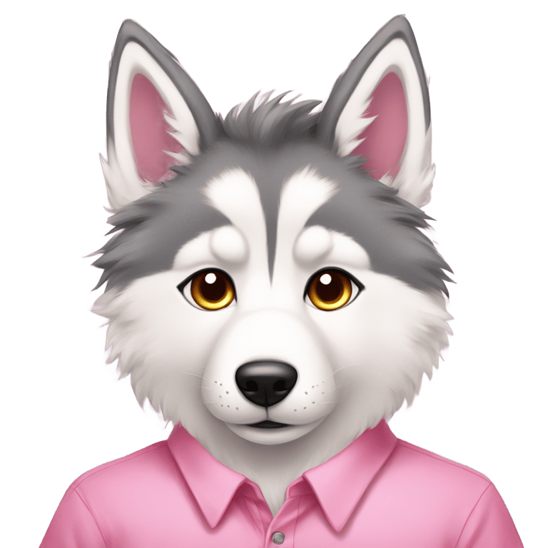絵文字：very fluffy anthro male husky with anime hairs, red fur on ears and pink shirt