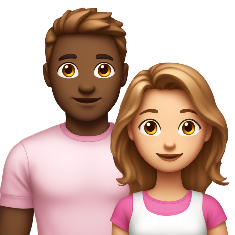genmoji：肤色中性、肩长发、穿粉色T恤的女孩和肤色棕、头发闪亮、穿白色圆领T恤的男孩