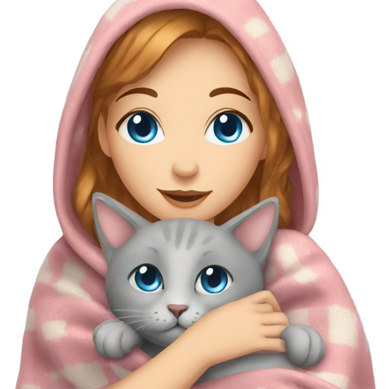 genmoji : Fille aux yeux bleus avec un chat et une couverture, ambiance cozy