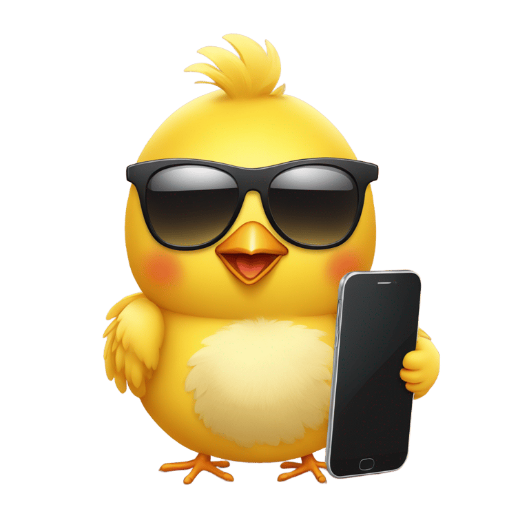 genmoji：一只戴着大墨镜的黄色小鸡，手里拿着一部小手机