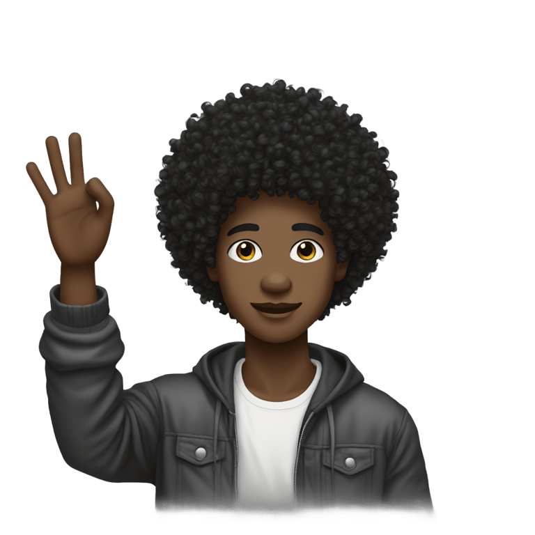 genmoji : dark skin, black mullet afro curly man Raising Hand, street wear style, twink, intricate face