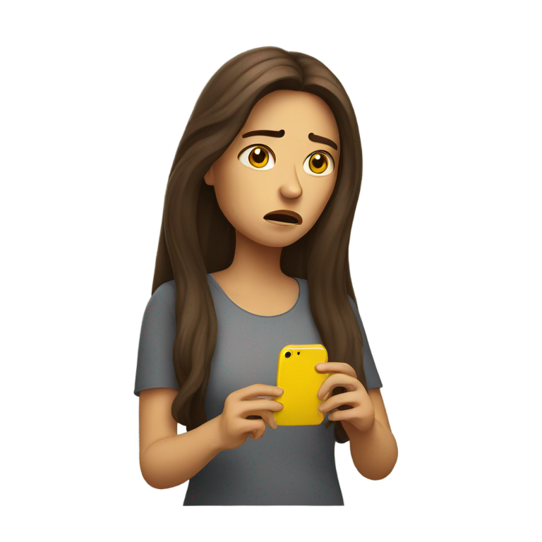 genmoji：棕色长发女子，情绪低落，嘴角下垂，手持黄色iPhone。