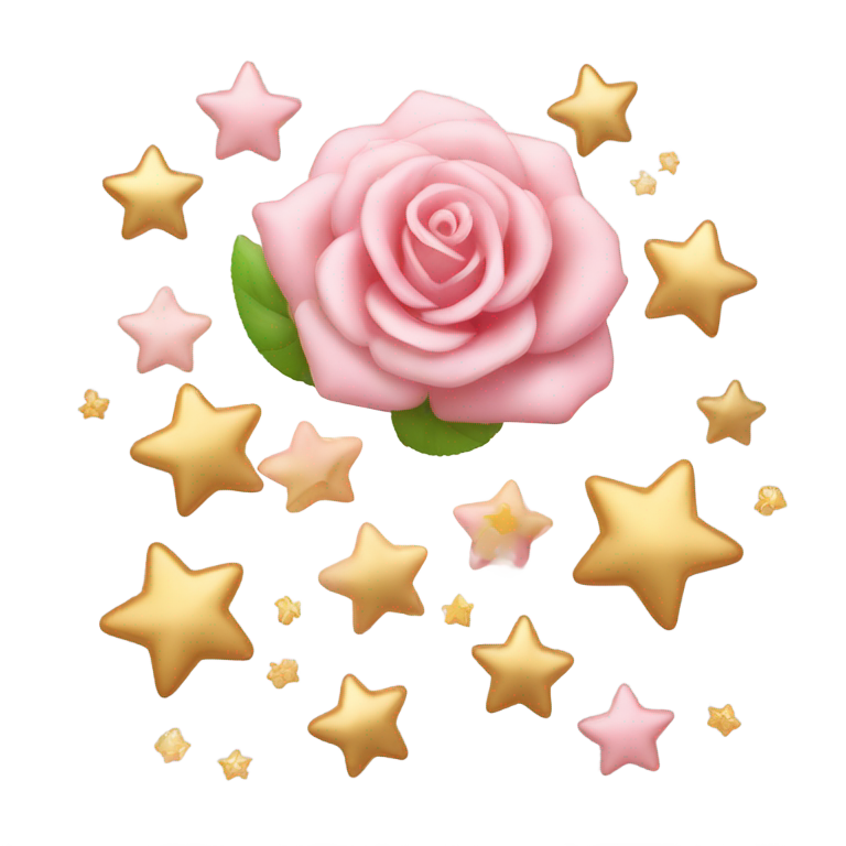 genmoji: "Small golden five-point stars and light pink roses in Apple iOS emoji style, scattered as decorative floating elements, soft 3D shading, pastel colors, no background"