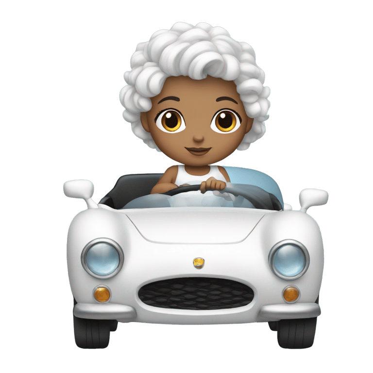 genmoji: Baby girl with black and White hair  driving a White car with a blue roof