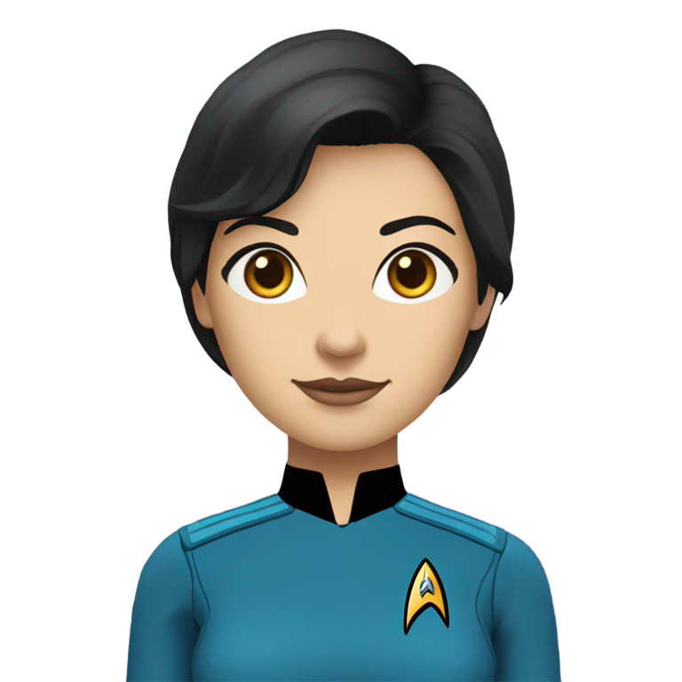 genmoji：《星际迷航》女性角色，蓝色制服，中长黑发凌乱，深棕色眼睛，白皙皮肤。