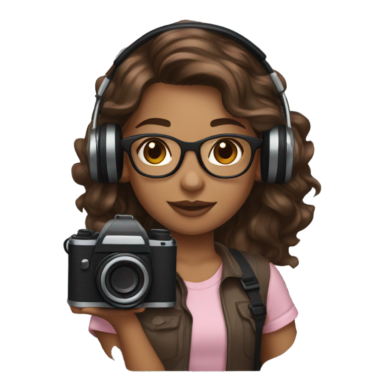 genmoji: a girl holding a camera with wavy long brown wolfcut hair, with glasses and tan, brownish skin, with headphones on, in a black shirt and light pink-reddish lipstick