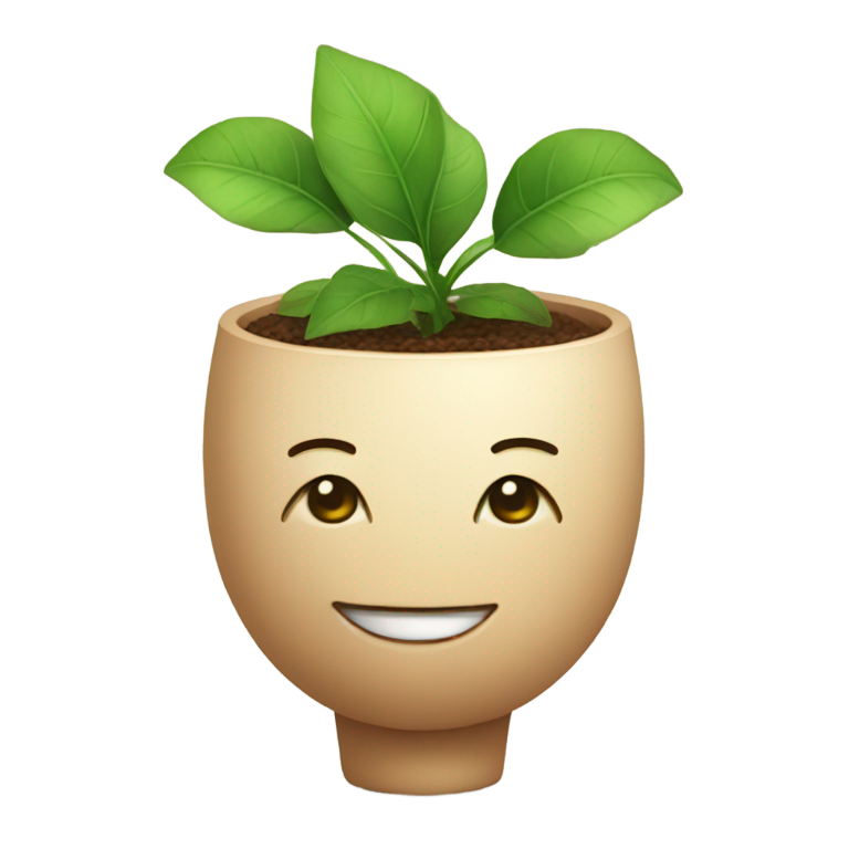 genmoji : Plante en pot avec un visage humain, tête chauve et un sourire narquois