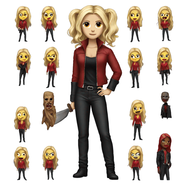 絵文字：Buffy, Red Pants, Jacket, Blonde hair, stake, vampire slayer