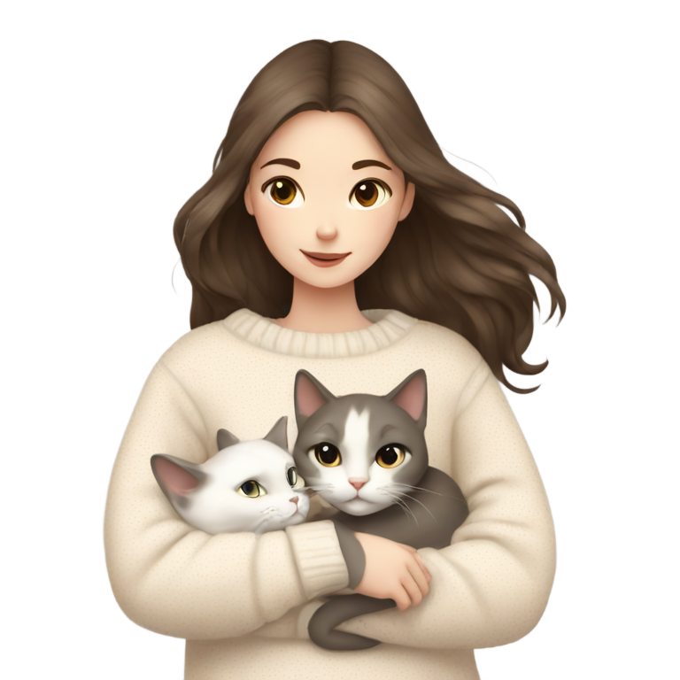 genmoji : brunette girl in beige sweater sincerely hugs her white cat with grey spots on it