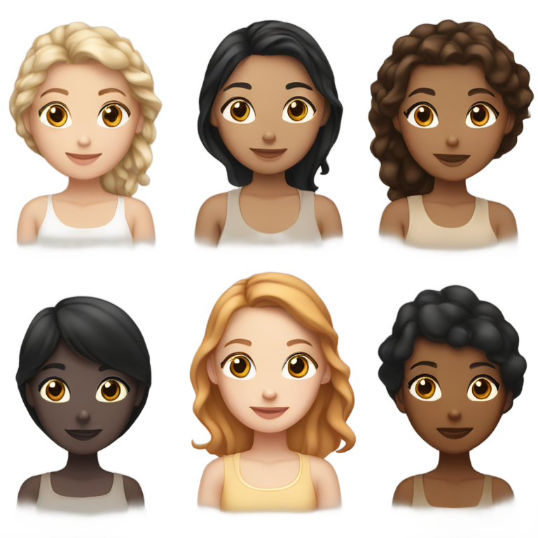 genmoji：一位奶油色女孩、一位橙棕色女孩和一位浅棕色女孩，头发都是黑色的，一起