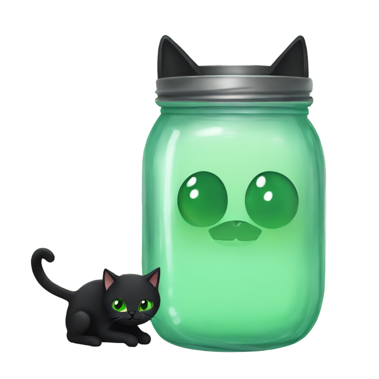 genmoji: black cat with green eyes playing with mason jar