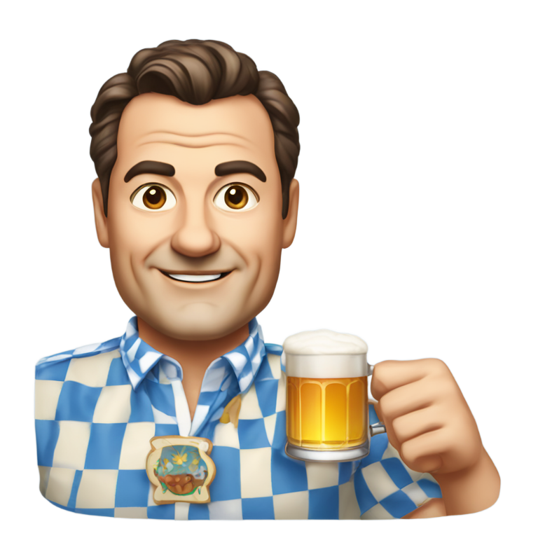 絵文字：Markus Söder with a blue and white checkered bavarian shirt, holding a beer