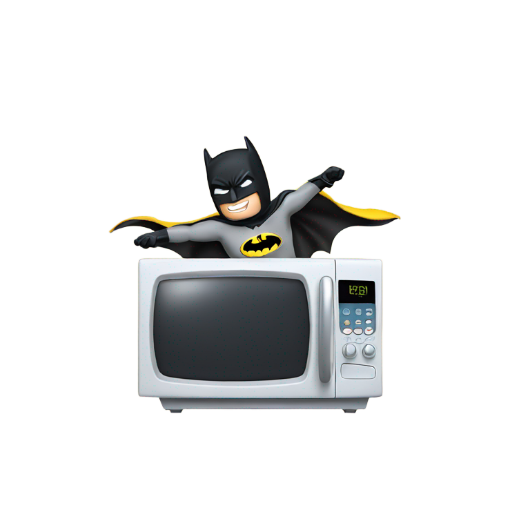 genmoji: Batman riding a microwave with Robin on his head doing yoga