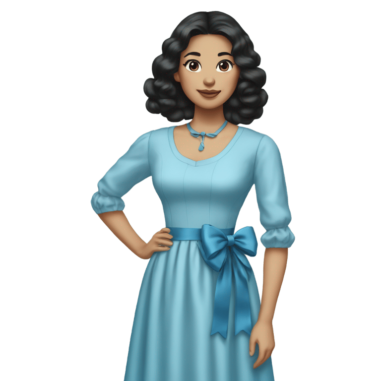 genmoji：一位皮肤中等偏淡的女性，黑发盘在头上系着蓝色蝴蝶结，身穿一件淡蓝色复古罗可绘风格的连衣裙。