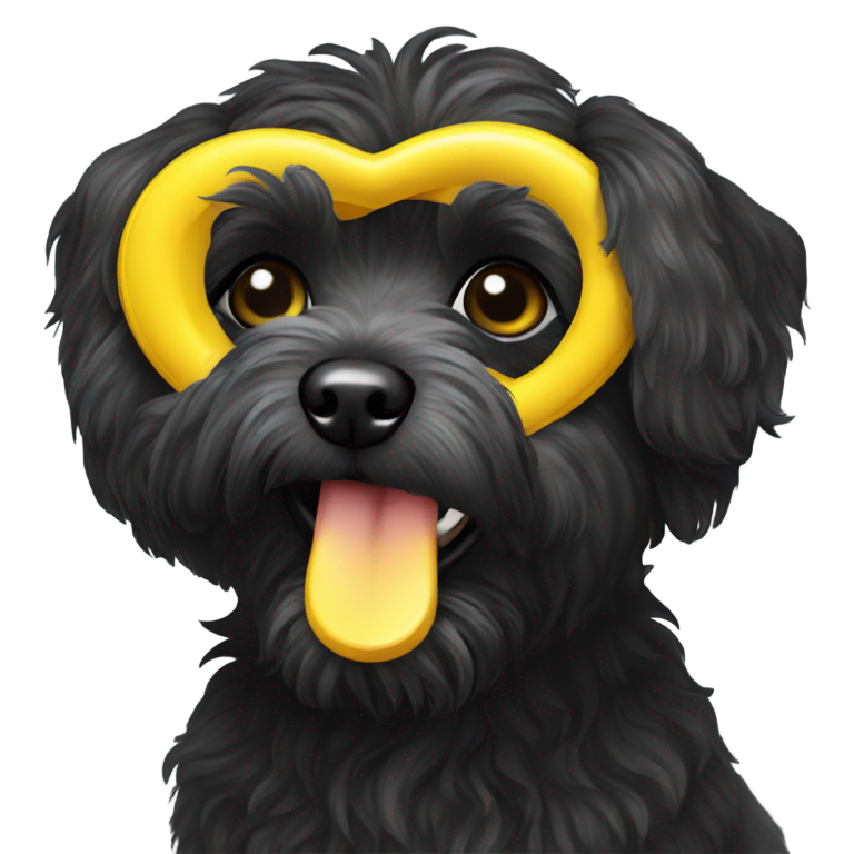 genmoji：快乐可爱的黑毛约克夏贵宾犬叼着黄色飞盘