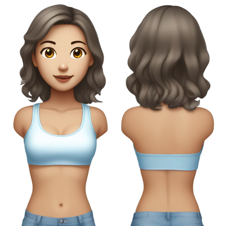 genmoji : Une jeune femme taïwanaise au teint très hâlé, avec des cheveux épais et ondulés teints en blanc comme neige, portant un mini débardeur bleu très clair.
