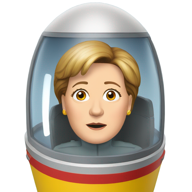 genmoji : Angela Merkel regarde par la fenêtre d'une grande fusée de lancement inclinée.