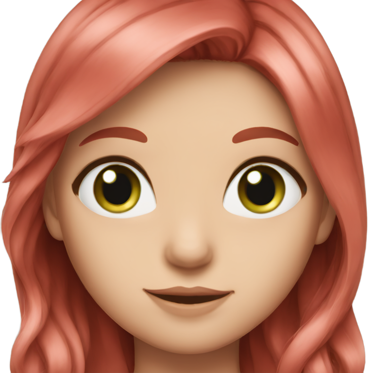 genmoji：一个有着蓝绿色眼睛和长樱桃红头发的可爱女人，中间分开。