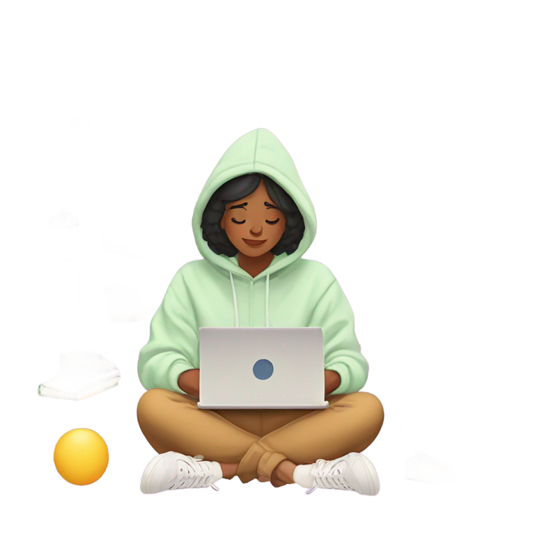 genmoji：一个深思的Z世代大学生Genmoji，手持笔记本电脑，穿着连帽衫和运动鞋，盘腿而坐，带着柔和的微笑，周围漂浮着大学图标（书籍、地球仪、宿舍、帽子），背景为柔和的色调。简洁、现代、学生气息的美学。