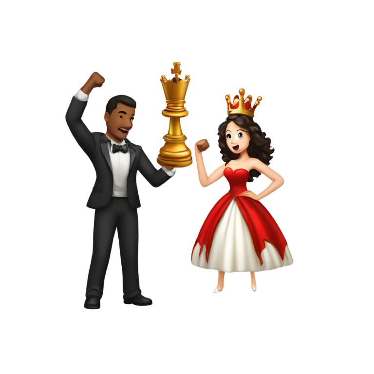 genmoji: A mixed guy with a black crown with red jewels on shouting in triumph, determined, with his hand in a fist pump celebrating, he is extending forward his other hand showing off the chess piece a white queen that he captured