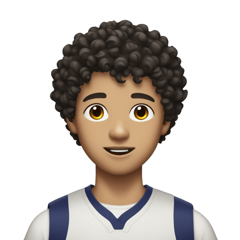 genmoji : Adolescent blanc aux cheveux noirs bouclés et courts, en tenue de basketball