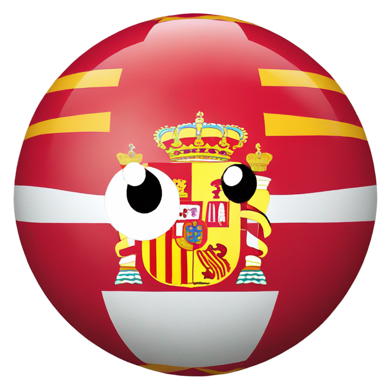 genmoji：一个装饰有西班牙国旗和国徽的圆形卡通球，带有两个黑色轮廓的白色大圆眼睛。