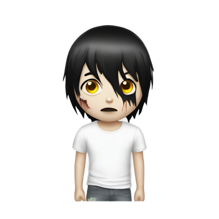 genmoji : garçon zombie, t-shirt blanc et cheveux noirs avec frange